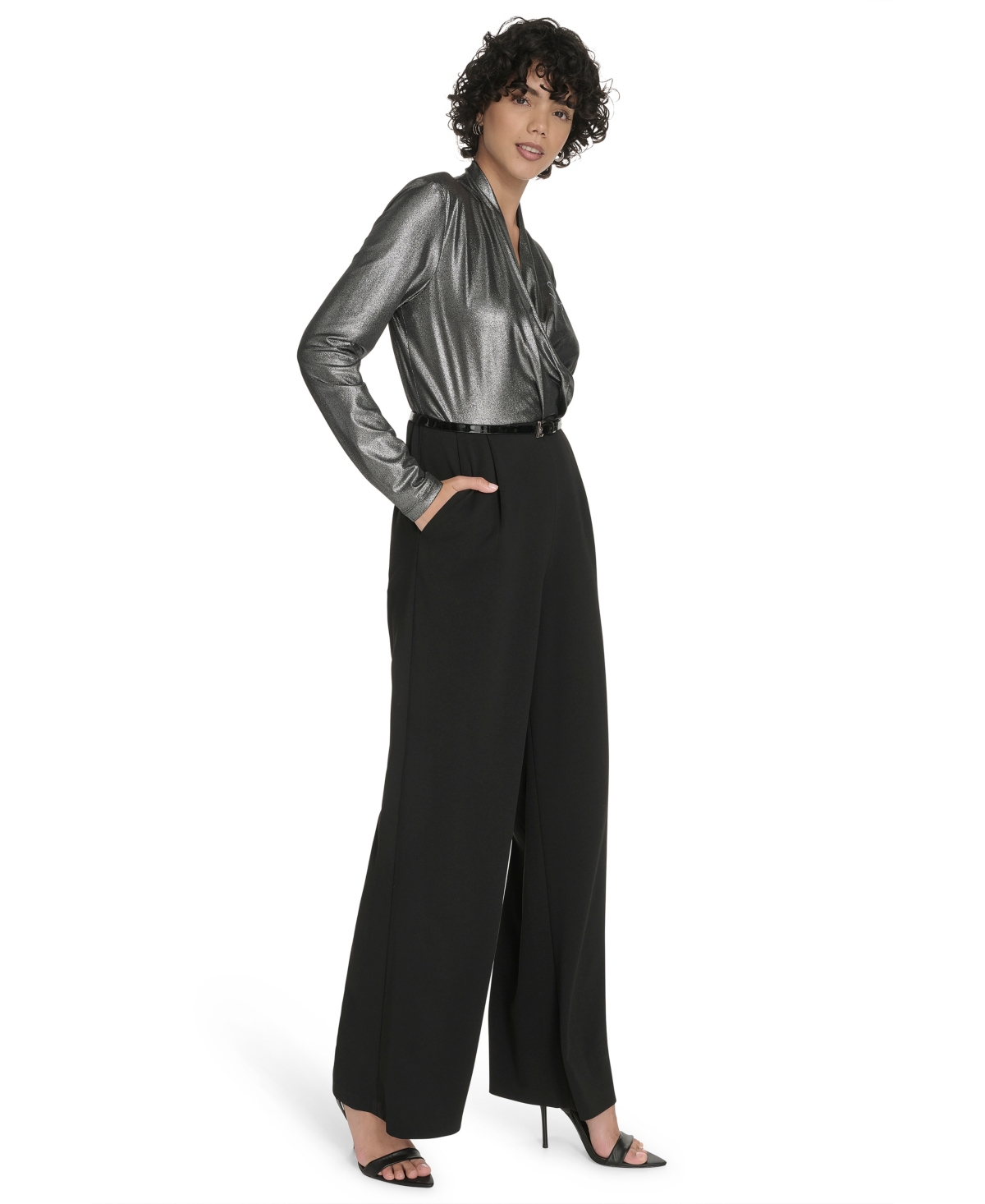 Tommy Hilfiger Women's Shimmer Belted Wide-leg Jumpsuit In Black