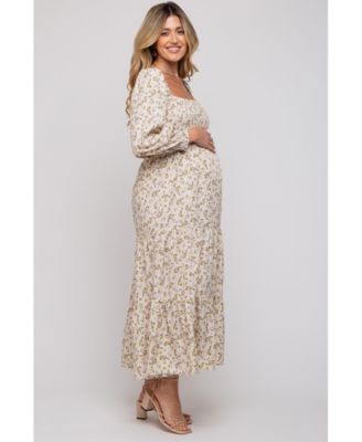 Maternity Cream Floral Smocked Long Sleeve Maxi Dress