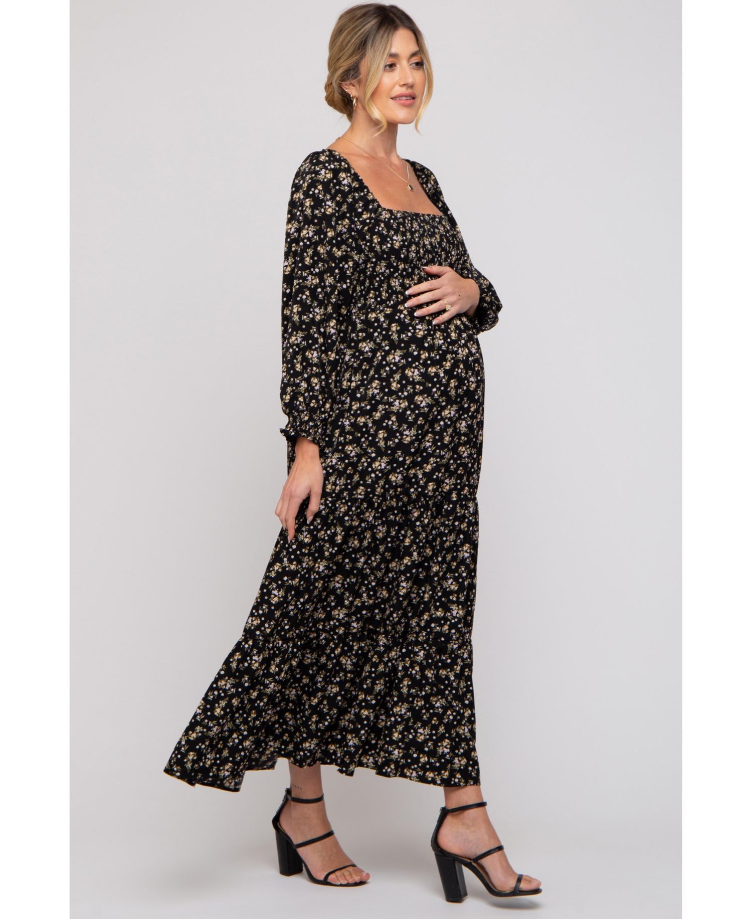 Women's Black Floral Smocked Long Sleeve Maxi Dress