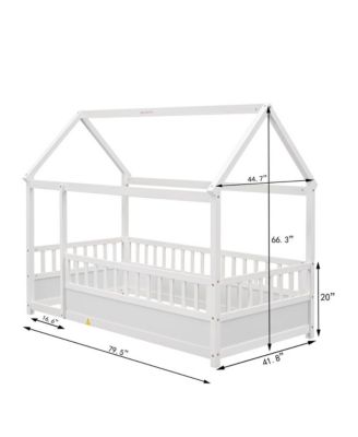 Kids Wooden House Floor Bed with Roof & Fence Guardrails Twin Size Low Profile Play Bed for Boys and Girls
