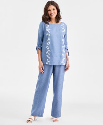 Women's 100% Linen Floral-Embroidered 3/4-Sleeve Top, Macy's Exclusive