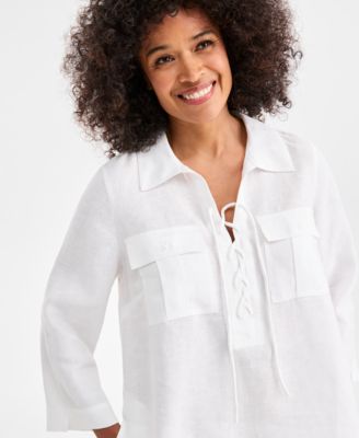 Women's 100% Linen Lace-Up 3/4-Sleeve Utility Dress