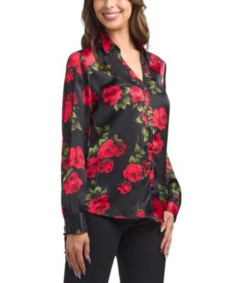 Women's Floral Print Long Sleeves Collared Shirt