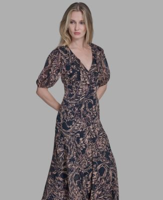 Women's Chiffon Puff Sleeve Open-Back Midi Dress