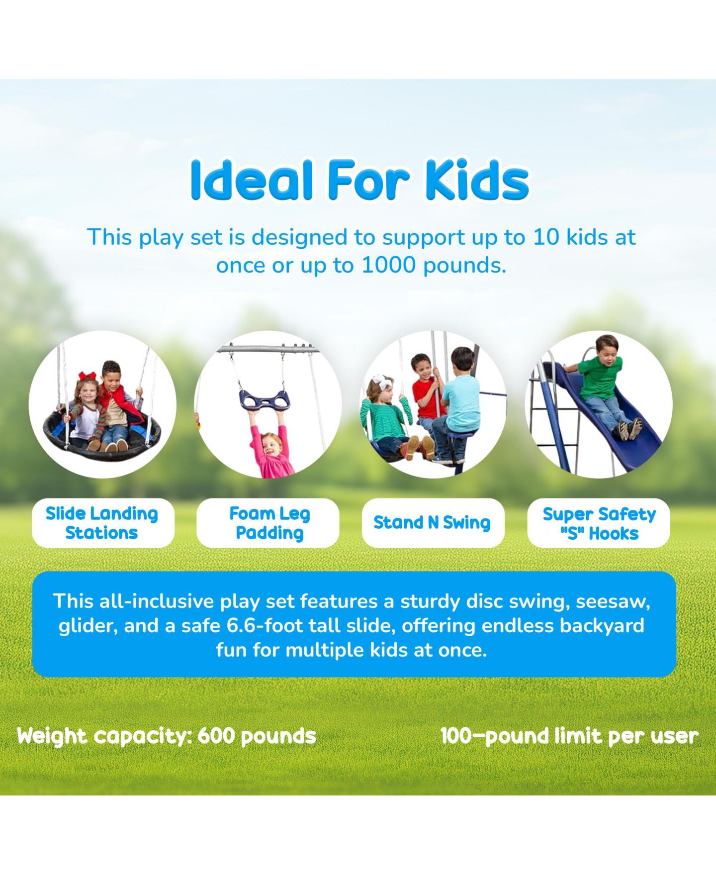 Детские игрушки XDP Recreation Fun All-Mighty Steel 6.6-Foot Slide Swing Set Accommodates up to 10 Kids, Ages 3+ — фото 8