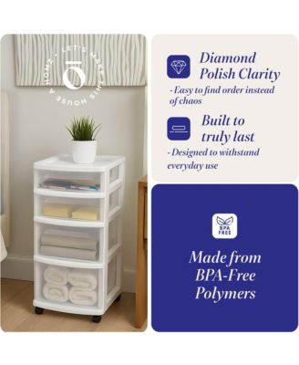 Clear Plastic 4 Drawer Medium Home Storage Container Tower, White Frame