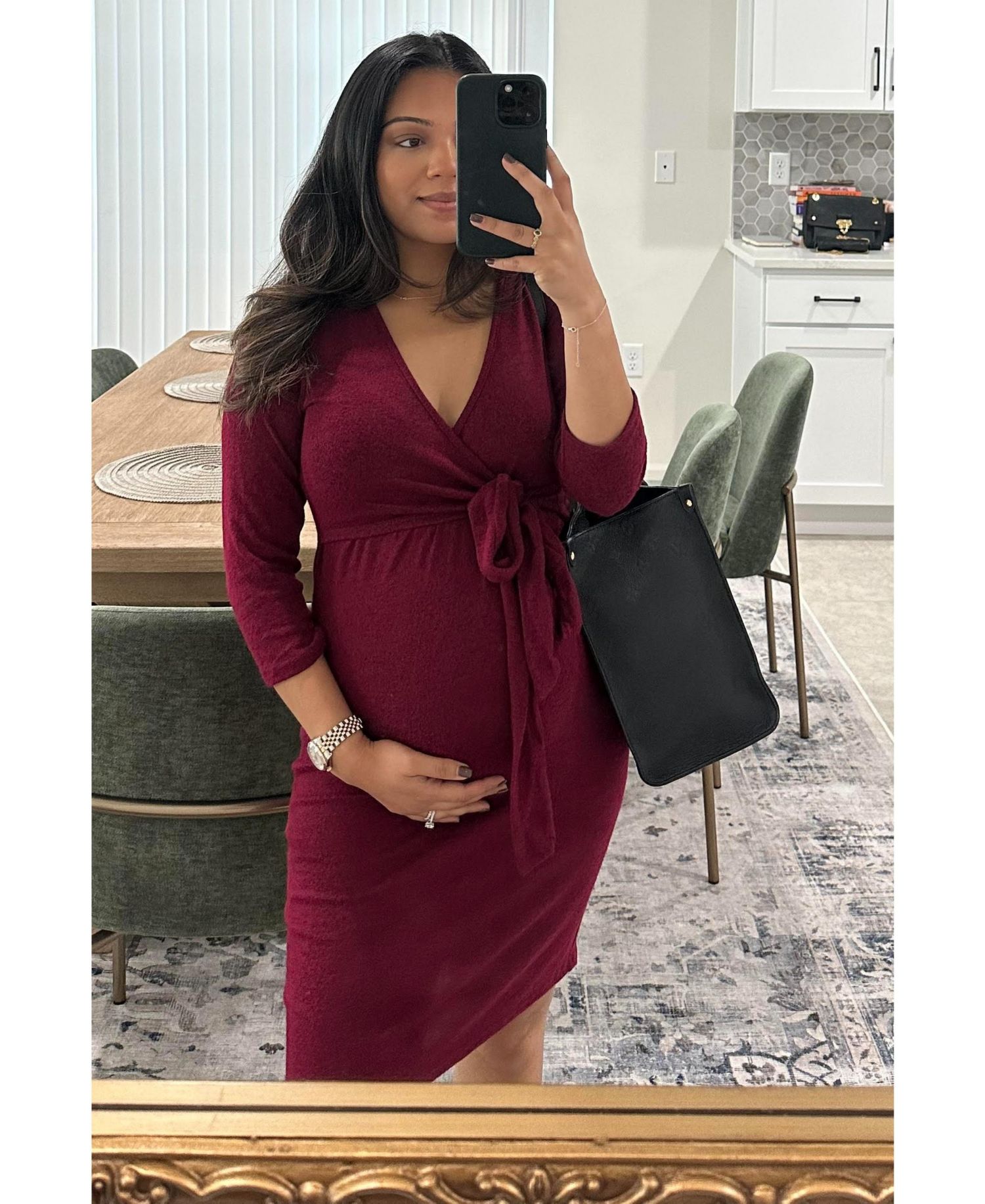Women's Burgundy Brushed Knit Wrap Fitted Maternity/Nursing Dress