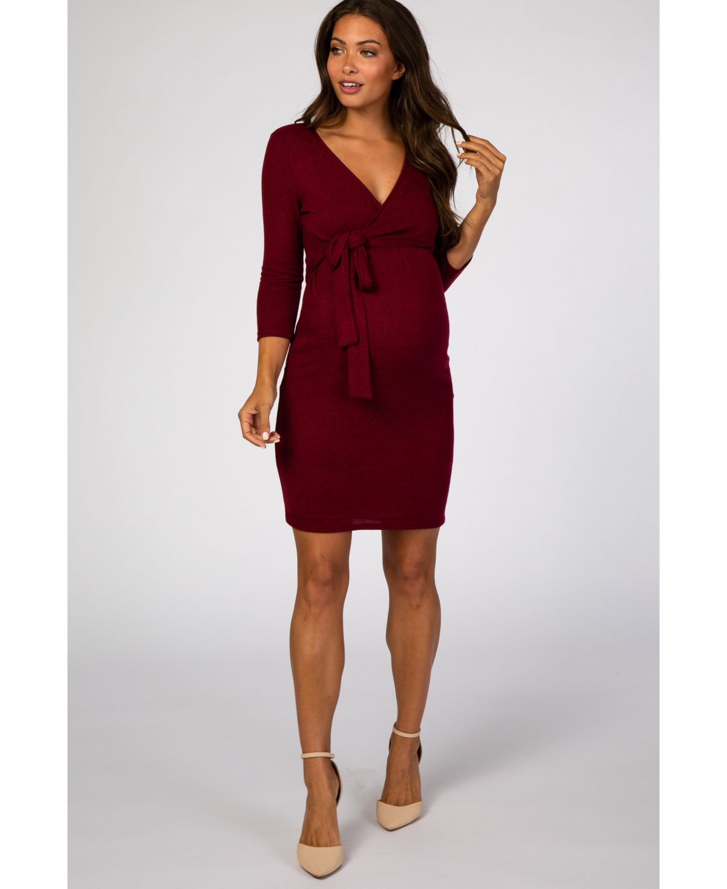 Women's Burgundy Brushed Knit Wrap Fitted Maternity/Nursing Dress