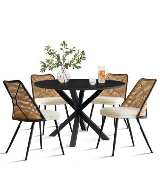 5 Piece Set 39.4 Inch Round MDF Table Faux Rattan Back Chairs Starburst Metal Base Mid Century Modern Dining Room Set