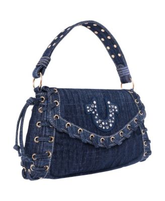 Studded Horseshoe Eyelet Denim Flap Bag