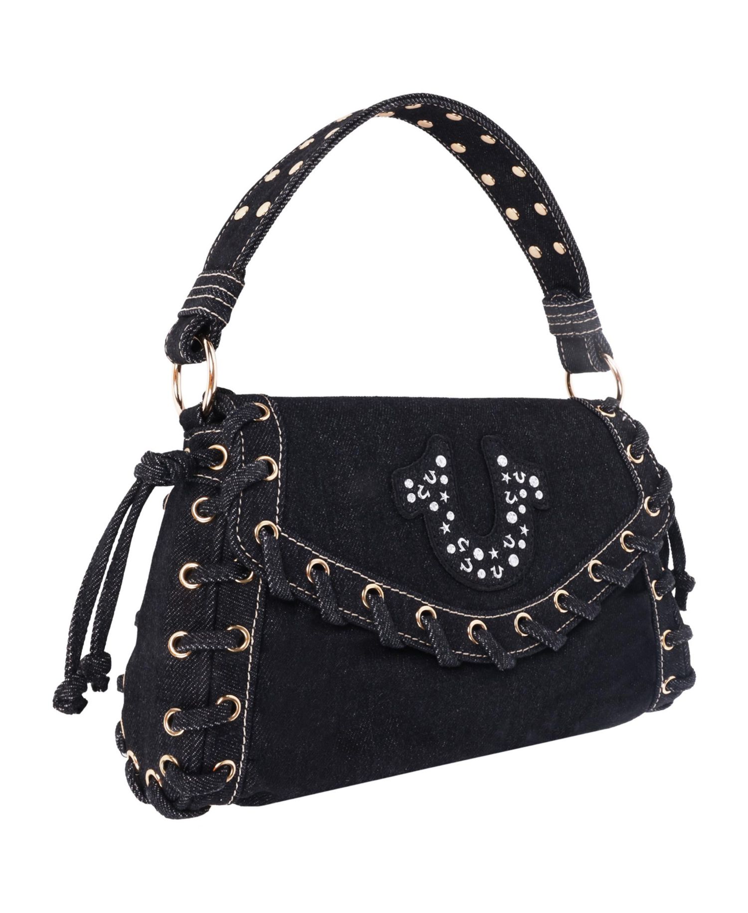 Studded Horseshoe Eyelet Denim Flap Bag