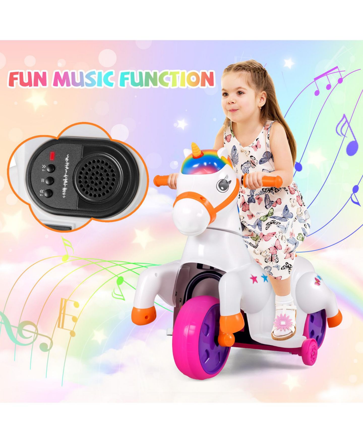 Детская игрушка Gymax 12V Kids Unicorn Ride-On Toy With Training Wheels, 66 lbs. Capacity, Ages 3+, цвет: Белый — фото 2