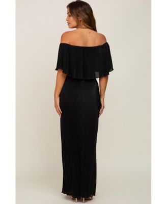 Maternity Forest Green Pleated Ruffle Off Shoulder Maxi Dress