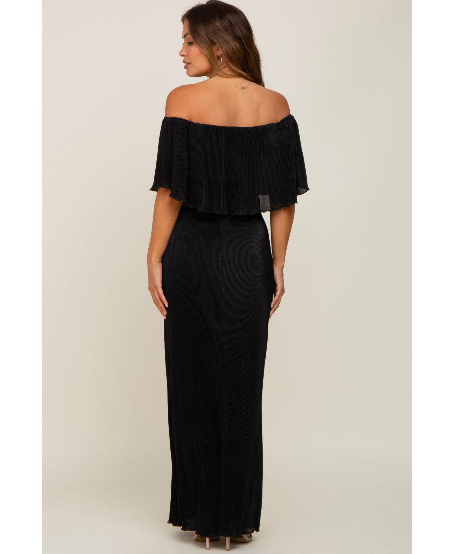 Women's Burgundy Pleated Ruffle Off Shoulder Maxi Dress