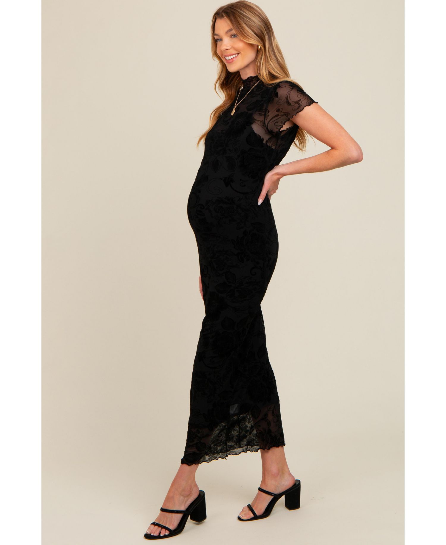 Women's Black Floral Mesh Overlay Fitted Maxi Dress