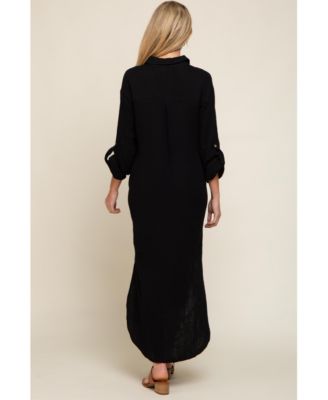 Black Button Down 3/4 Sleeve Maternity Midi Dress