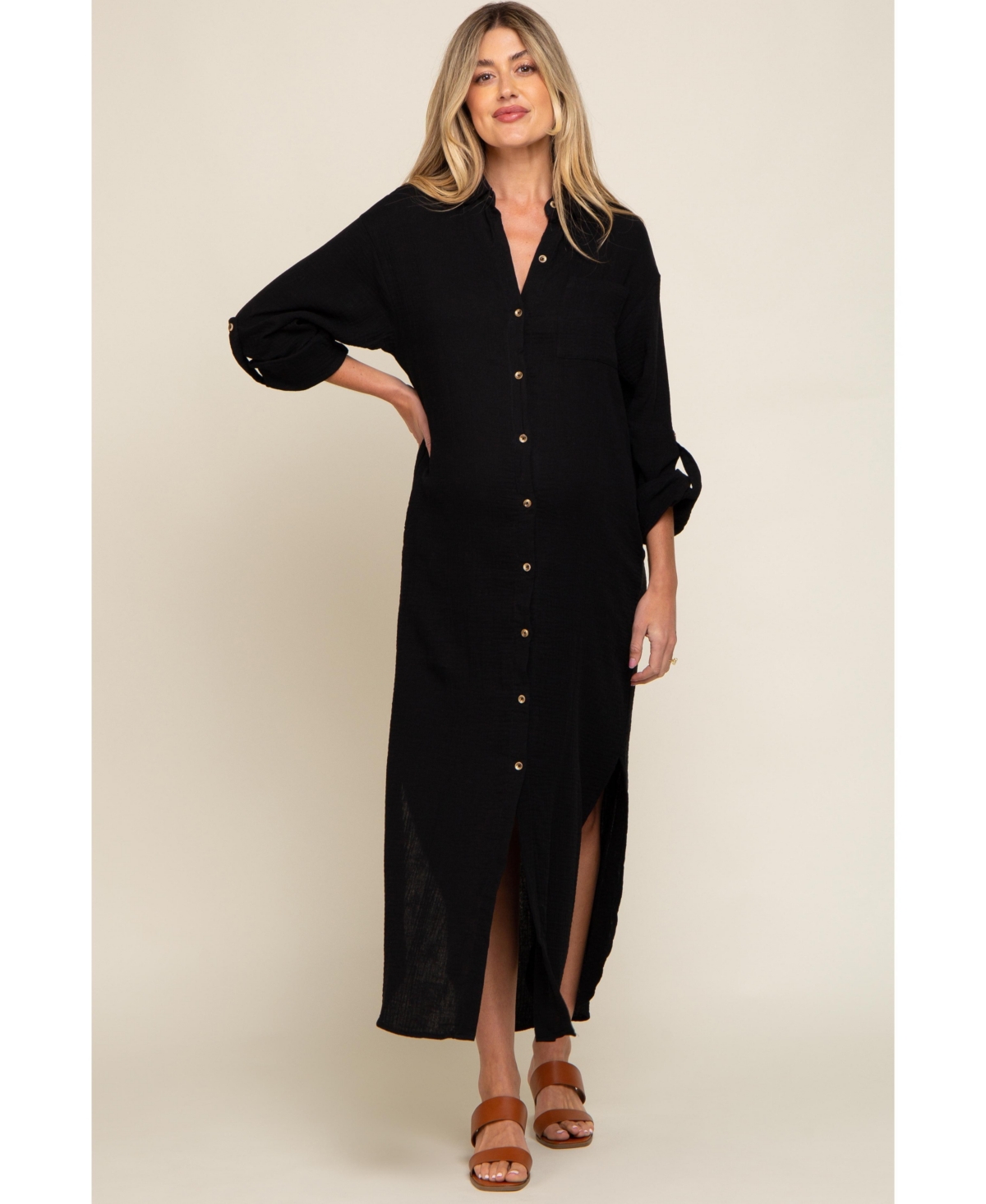 Pinkblush Black Button Down 3/4 Sleeve Maternity Midi Dress