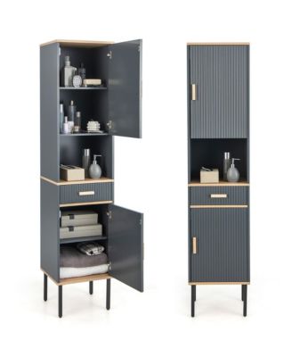 Tall Bathroom Storage Cabinet Freestanding Narrow Linen Tower w/ Doors & Drawer