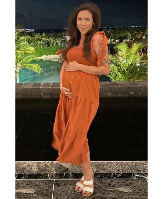 Maternity Rust Bow Strap Tiered Midi Dress
