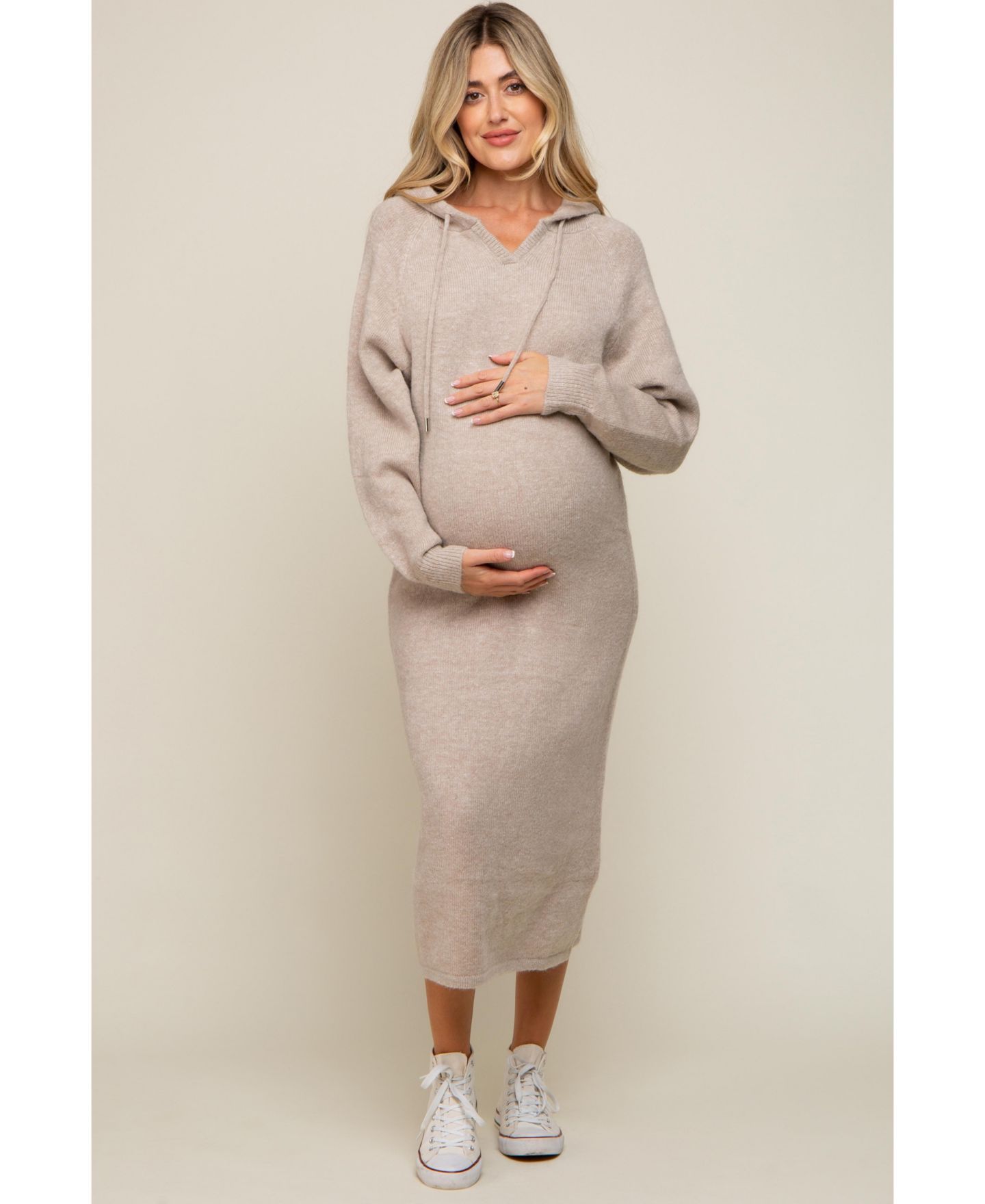 Женское платье Pinkblush Maternity Beige Hooded Sweater Midi, цвет: Бежевый — фото 3