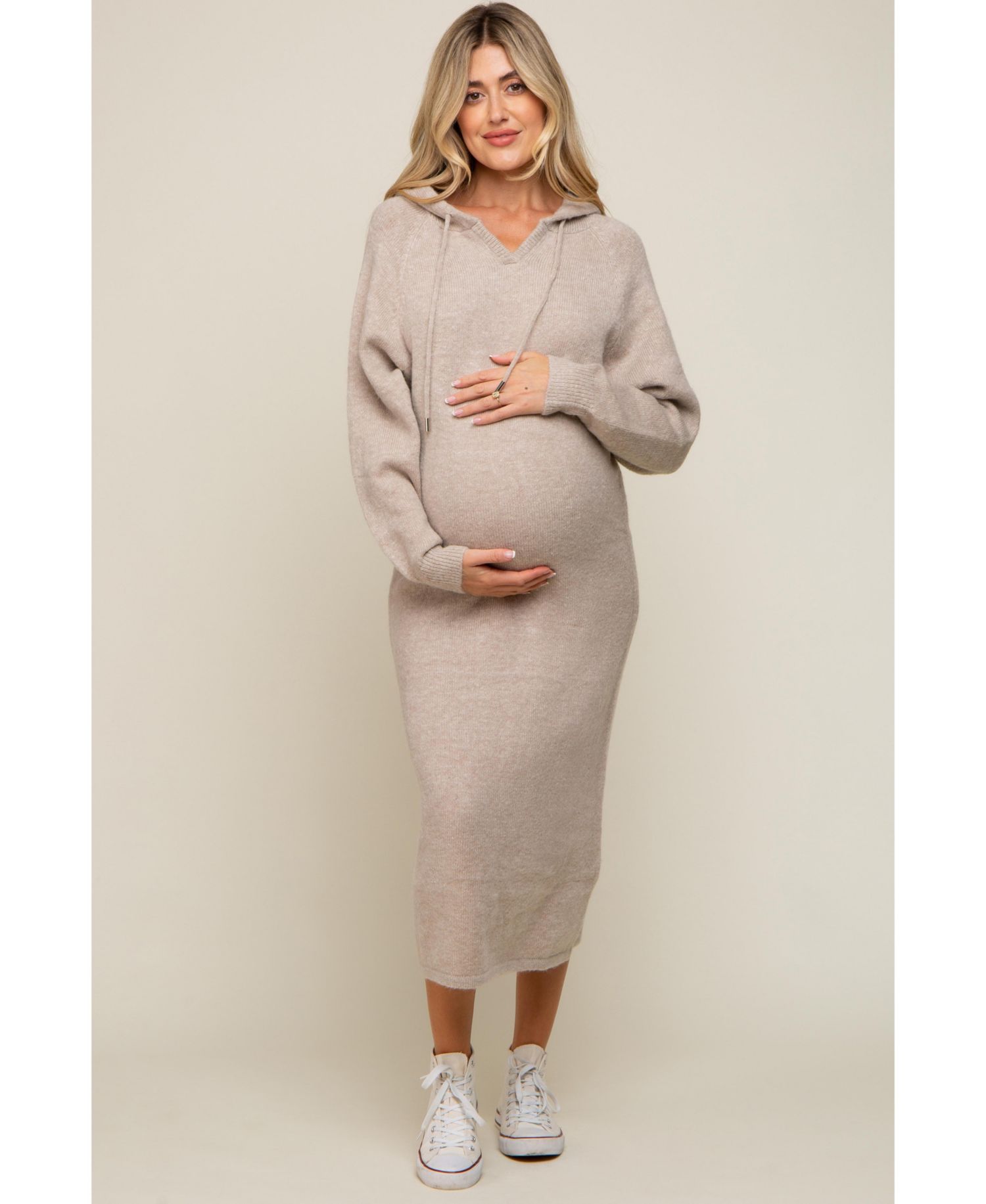 Maternity Beige Hooded Sweater Midi Dress