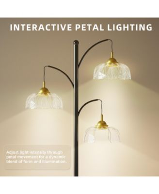 Modern Standing Floor Lamp with LED Bulbs, 3 Adjustable Heads and Petal Glass Shades