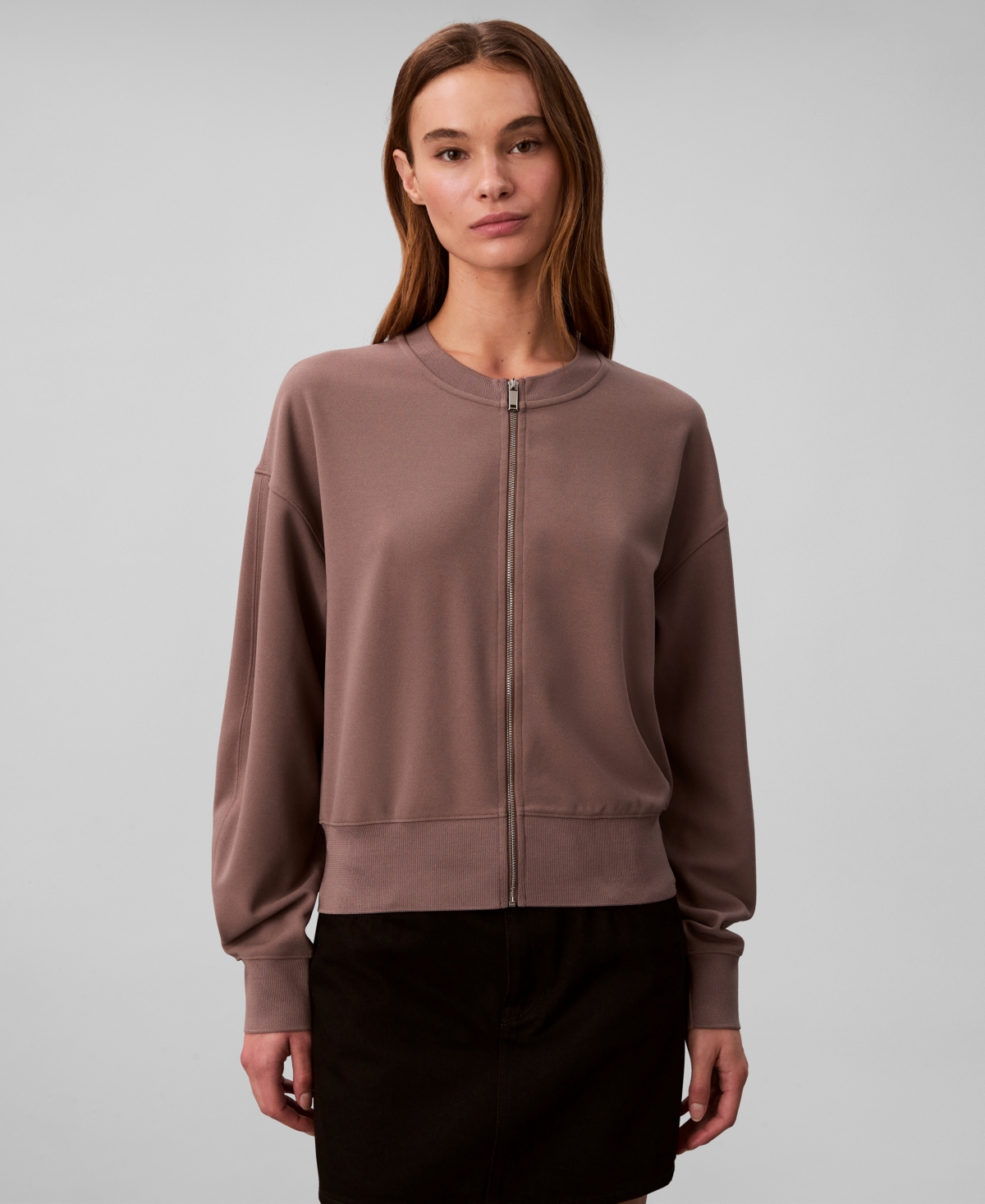 Calvin Klein Women's Crewneck Zip Front Cardigan Jacket In Brown
