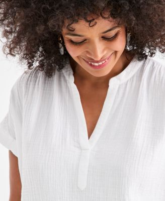 Women's Cotton Gauze Split-Neck Dolman-Sleeve Shirt, Macy's Exclusive