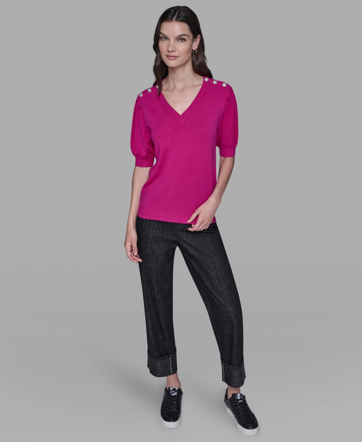 Karl Lagerfeld Women's V-neck Button Detail Sweater In Pink