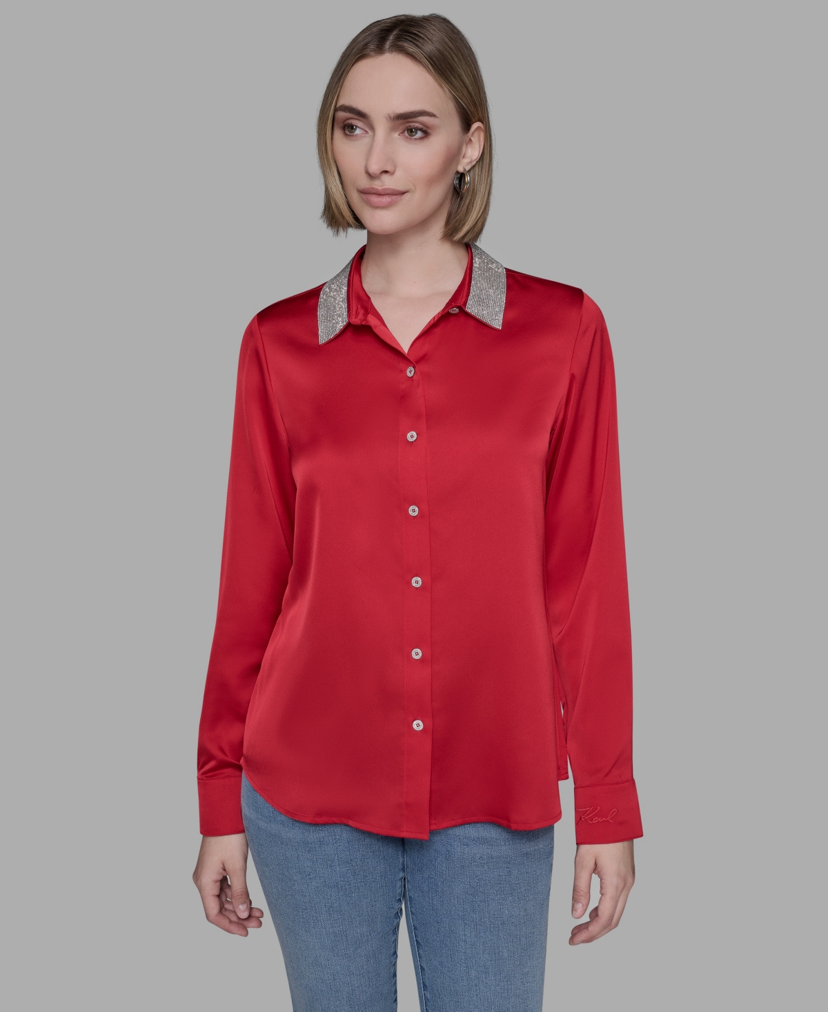 Karl Lagerfeld Plus Size Crystal Collared Neck Shirt In Animal Print