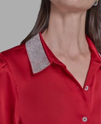 Women's Collar Rhinestone Embellished Short Sleeve Top