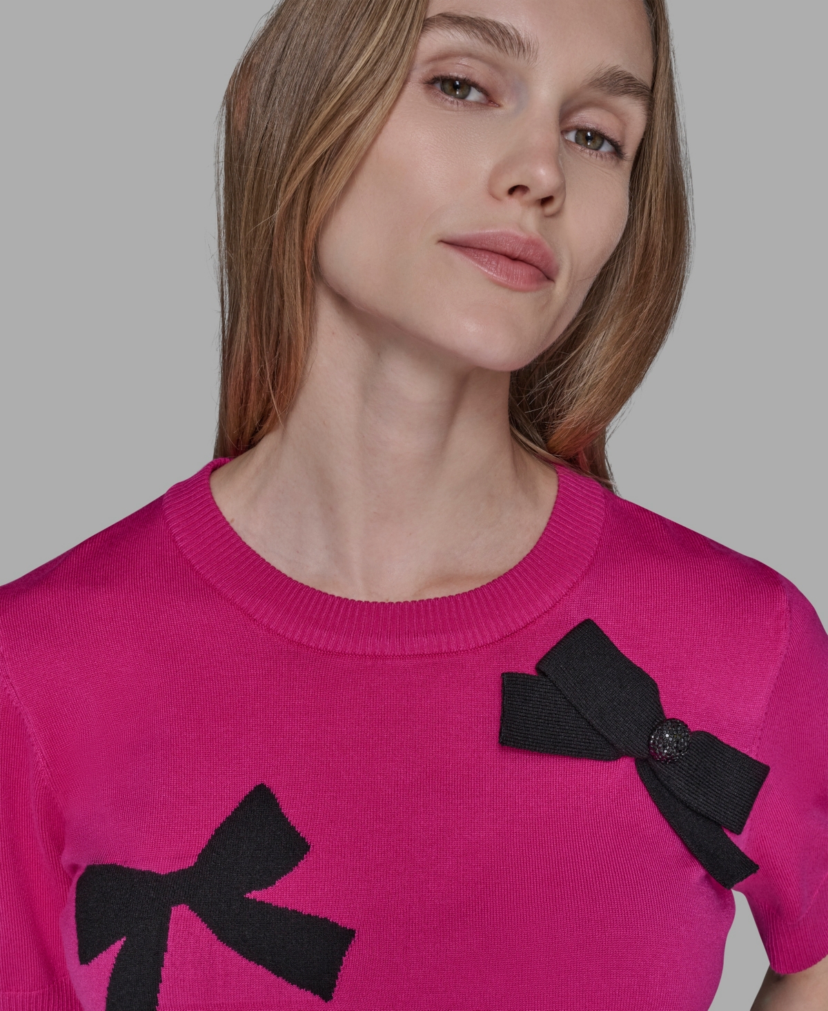 Karl Lagerfeld Womens Short Sleeve Bow Applique Detail Sweater P Xs Xl In Multi
