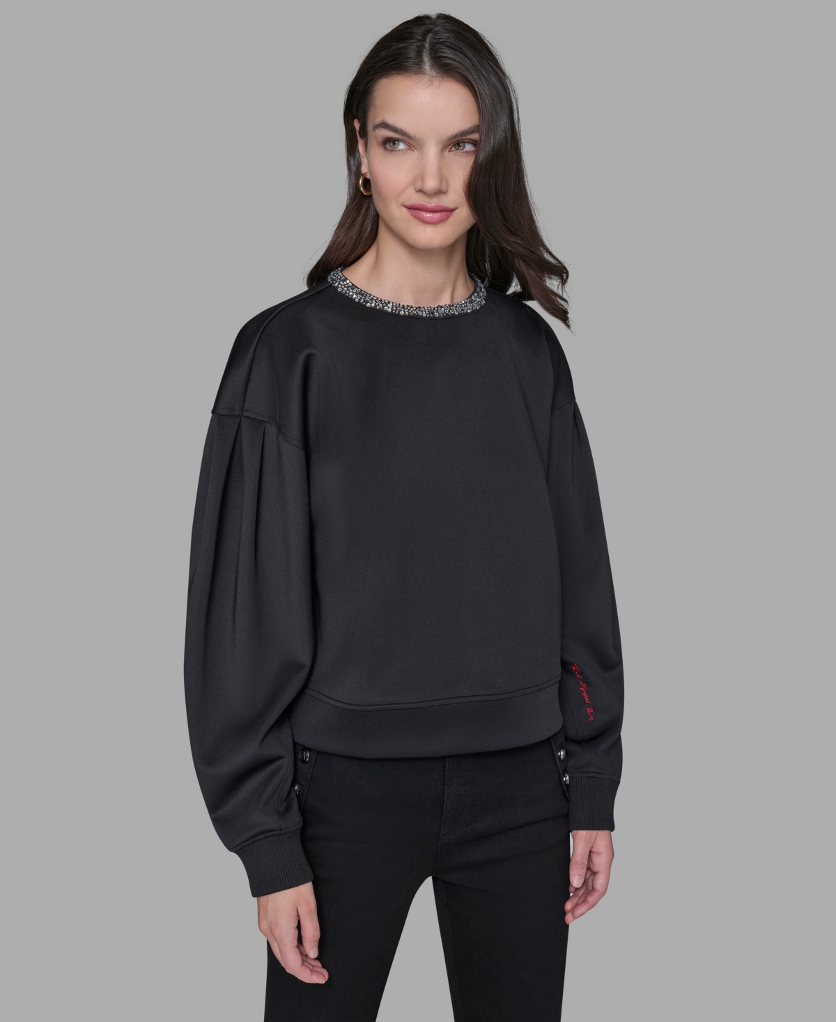 Karl Lagerfeld Paris Women's Crewneck Crystal Neck Top