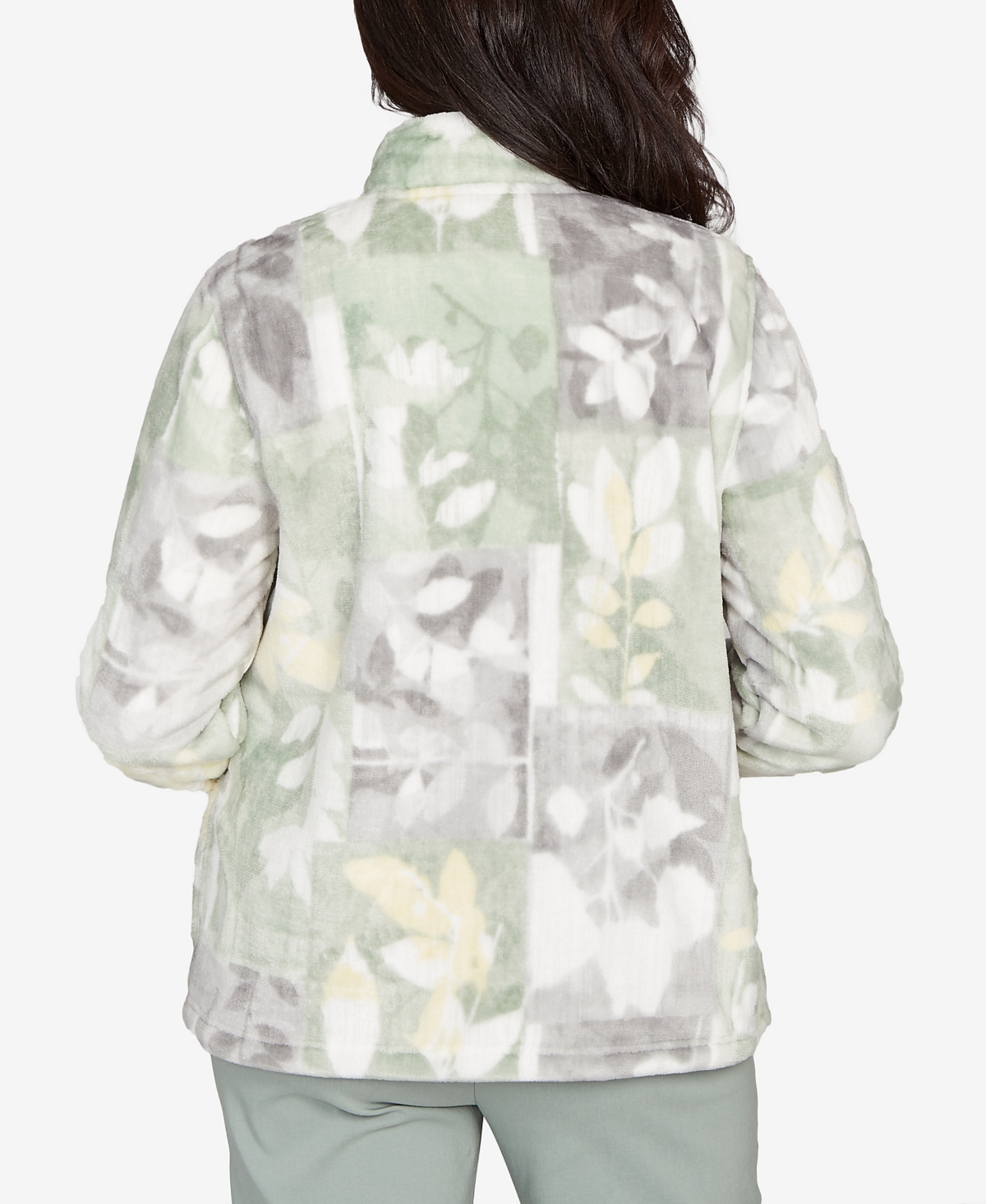 Alfred Dunner Stockbridge Leaf Patchwork Cozy Knit Jacket In Green