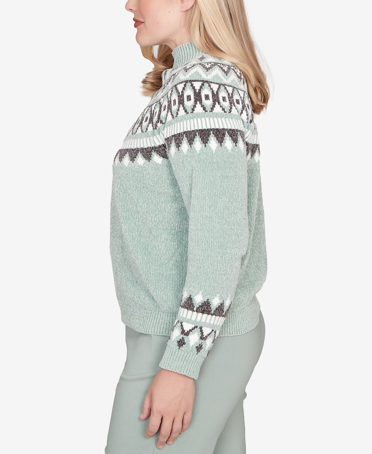 Alfred Dunner Stockbridge Fair Isle Pattern Chenille Sweater In Green