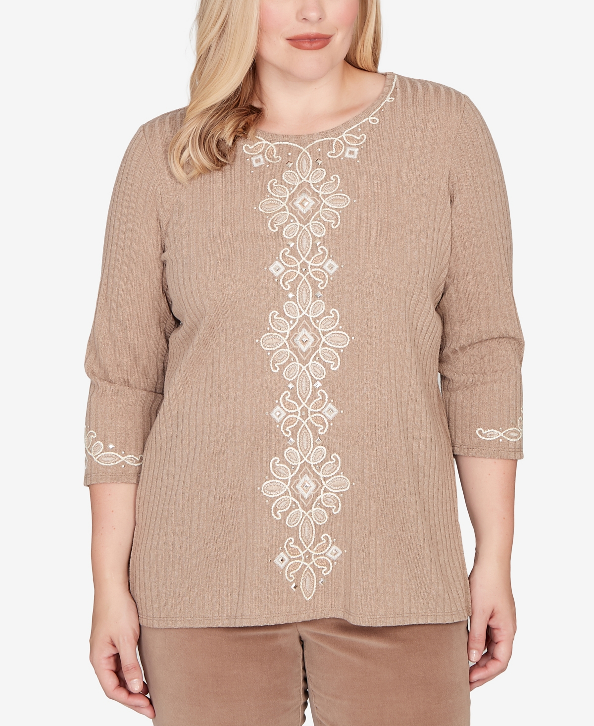 Alfred Dunner Vienna Embroidered Medallion Center Knit Top In Brown