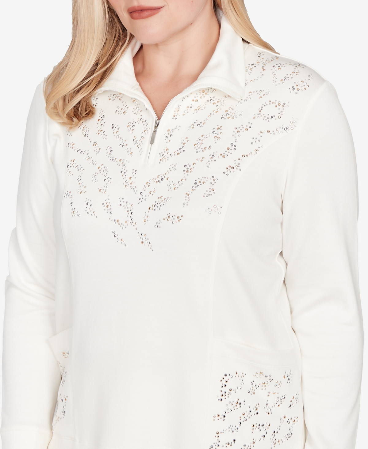 Alfred Dunner Vienna Metallic Studded Animal Pattern Knit Top In White