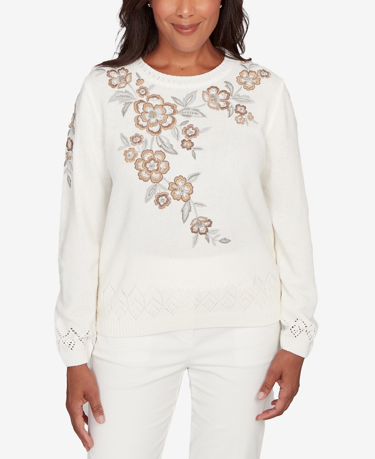 Alfred Dunner Vienna Floral Embroidered Chenille Sweater In White