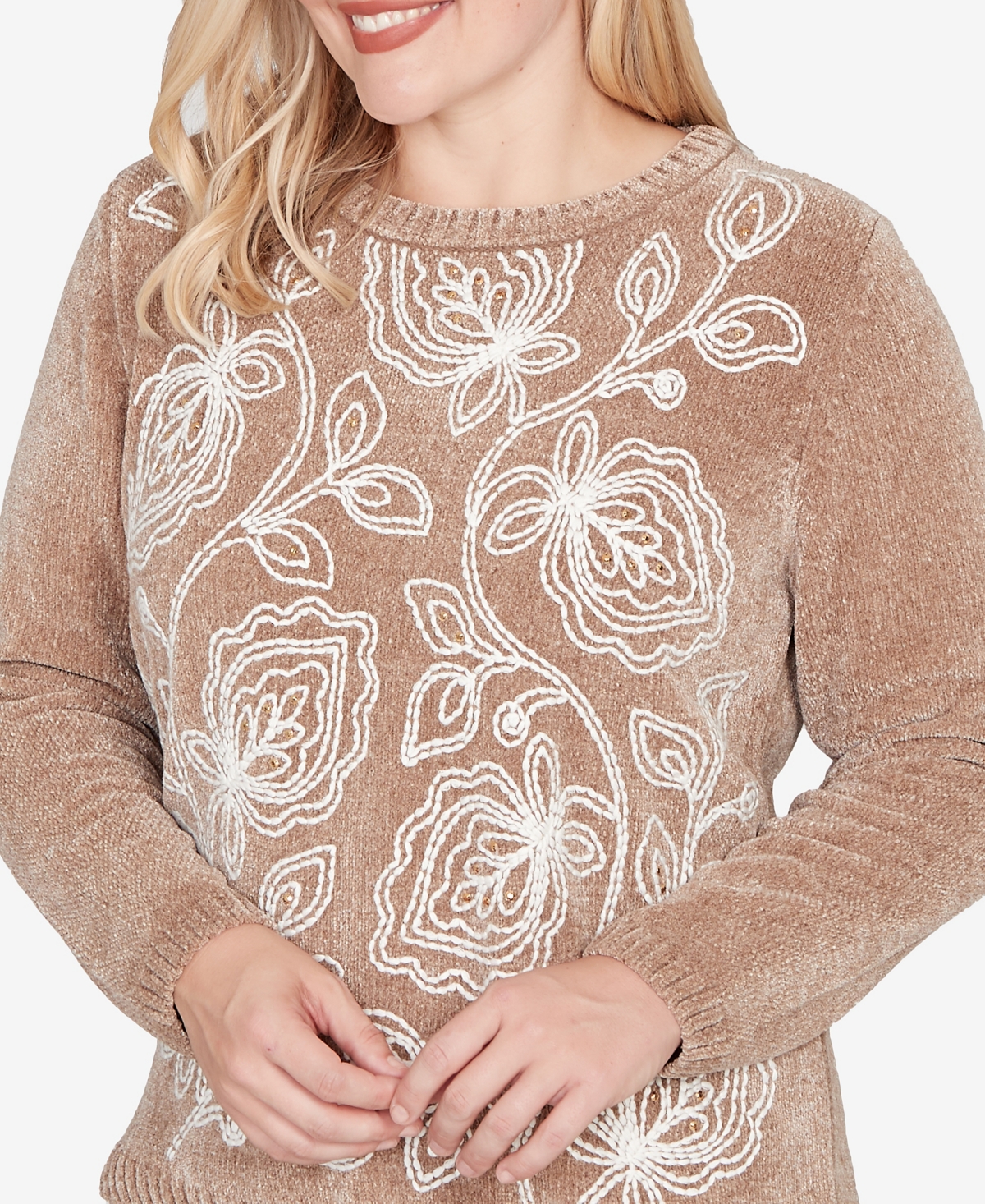 Alfred Dunner Plus Size Vienna Stitched Leaf Detail Chenille Sweater In Brown