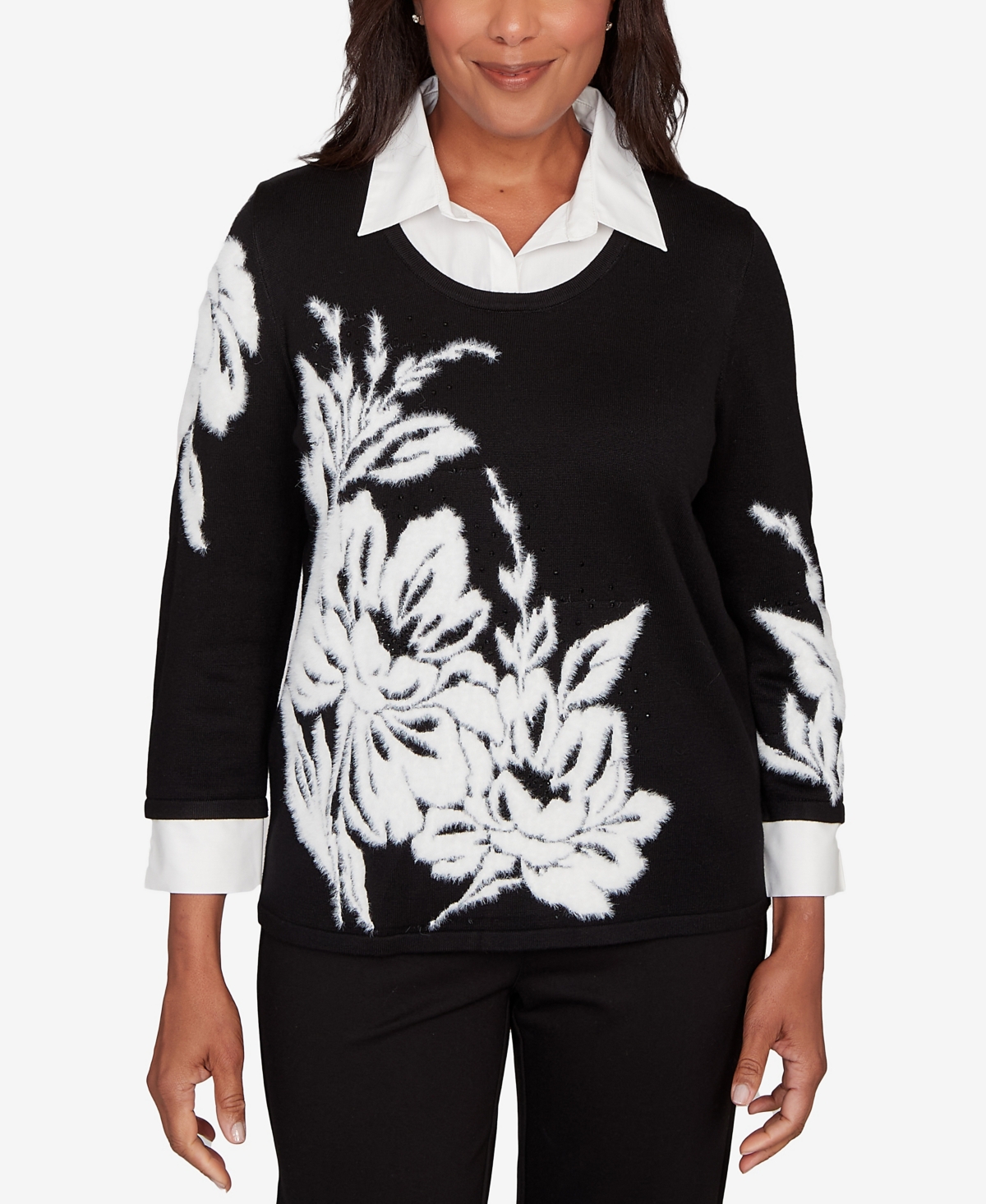 Alfred Dunner Barcelona Dramatic Floral Two In One Sweater In Black