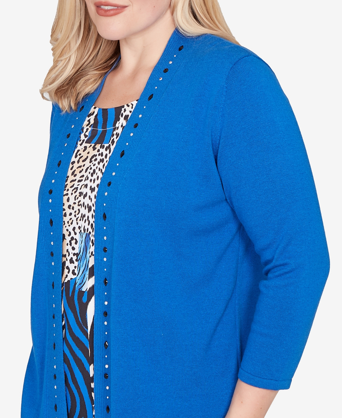 Alfred Dunner Barcelona Vertical Animal Print Two In One Sweater In Blue
