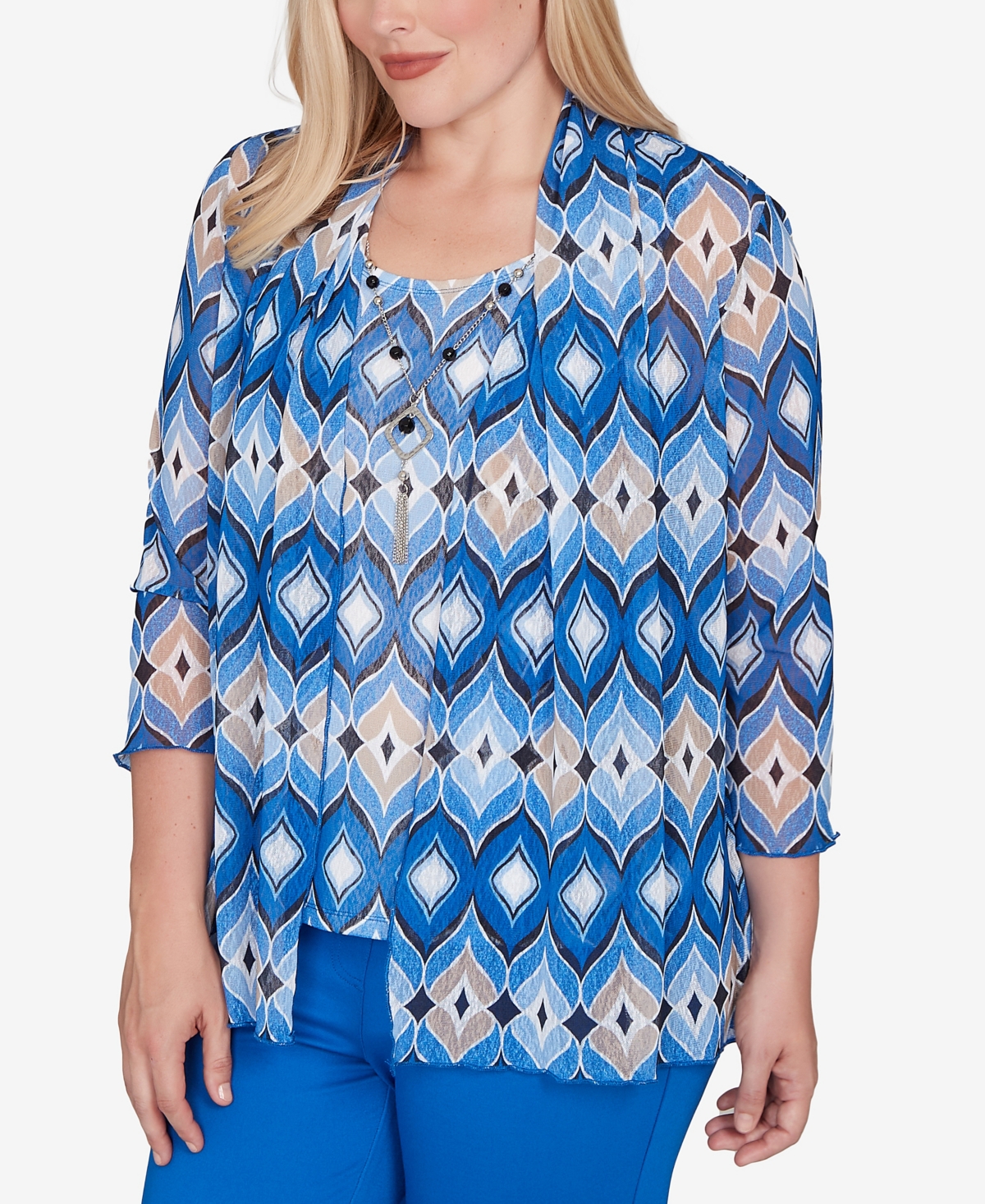 Alfred Dunner Plus Size Barcelona Geometric Mesh 2-in-1 Top With Necklace In Blue