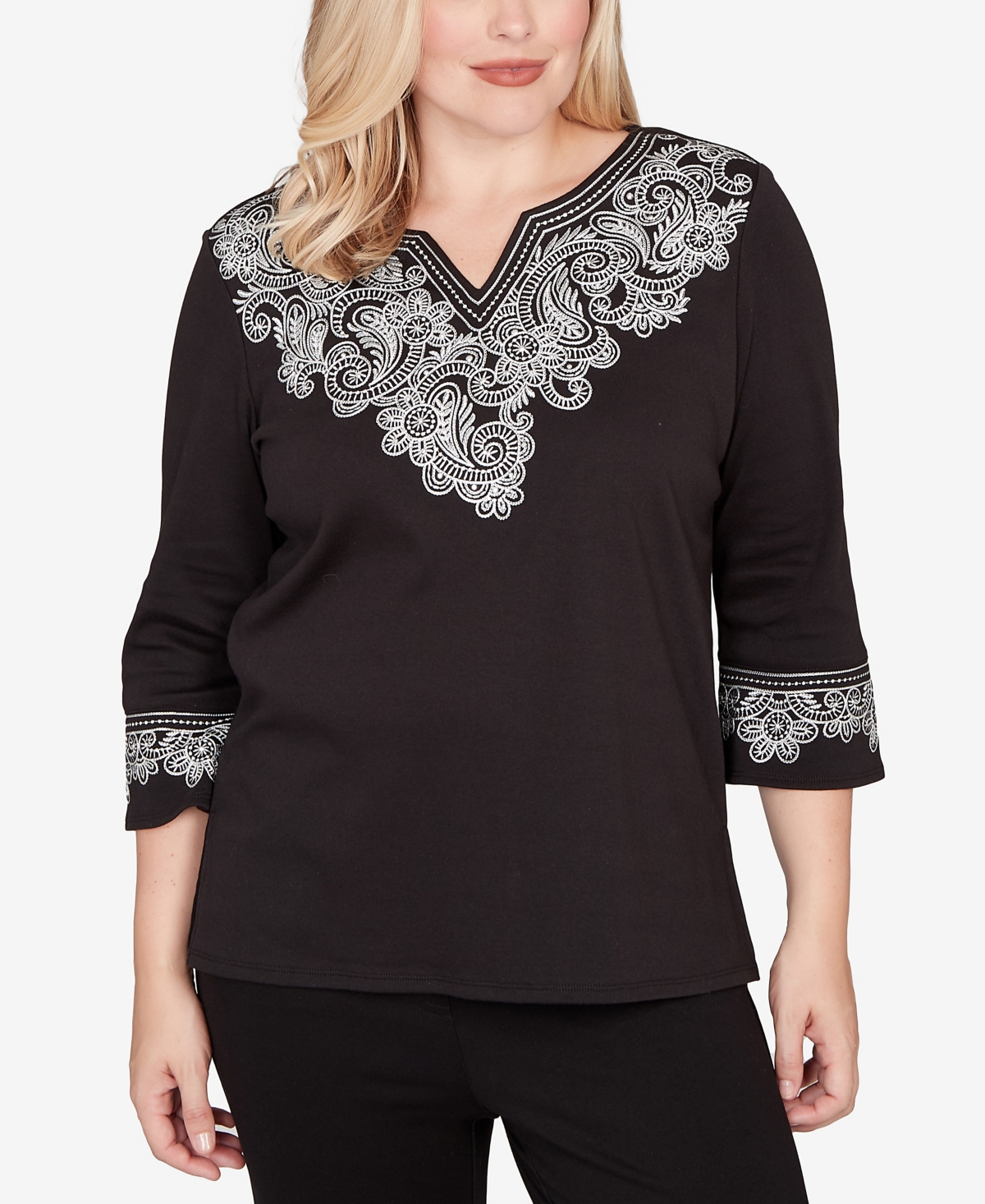 Alfred Dunner Barcelona Embroidered Scroll Accent Soft Knit Top In Black