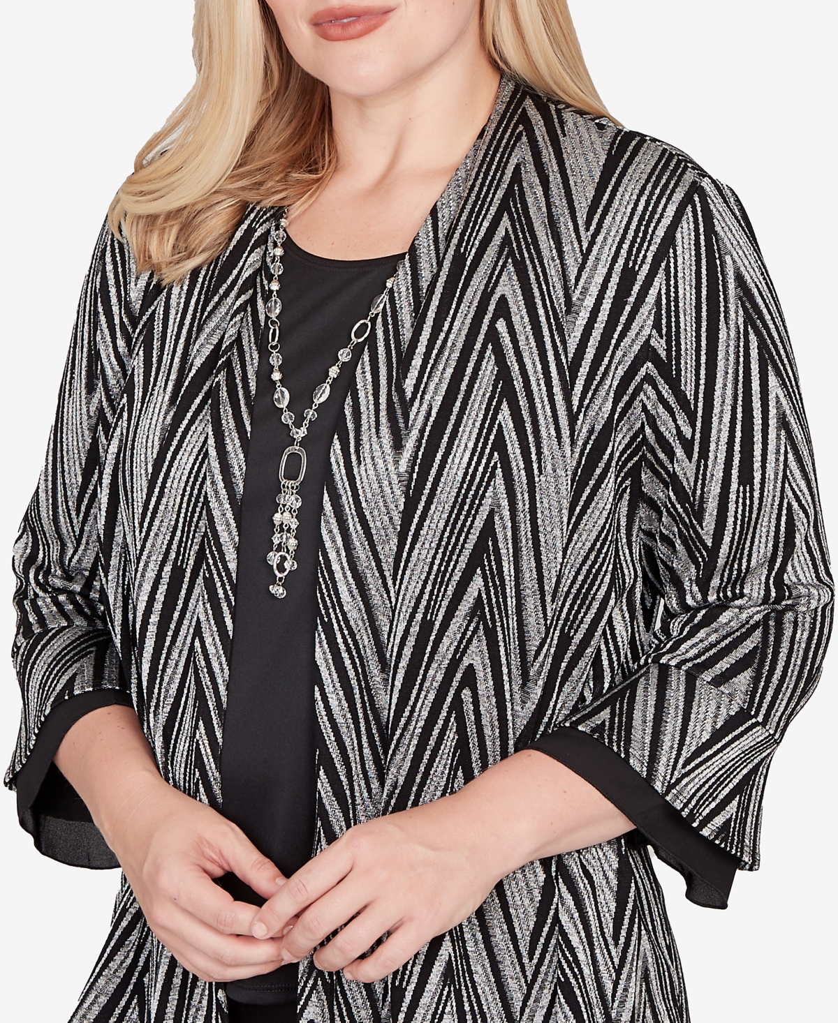 Alfred Dunner Plus Size Barcelona Metallic Chevron Two In One Top With Necklace In Multi