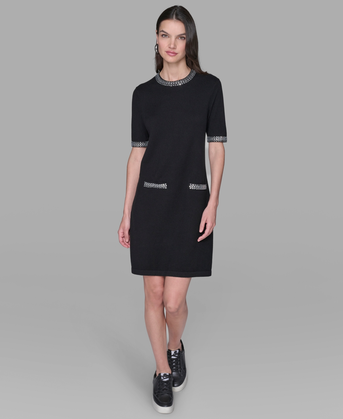 Karl Lagerfeld Women's Crewneck Embellished Shift Dress In Black