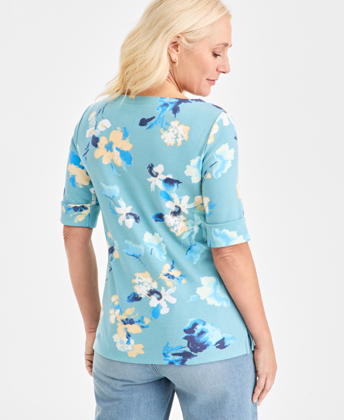 Style & Co Women's Printed Boat-Neck Elbow Sleeve Top, Exclusively at Macy's
