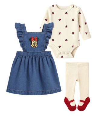 Baby Girls' Minnie Mouse Denim Jumper, Bodysuit and Tights, 3-Piece Set