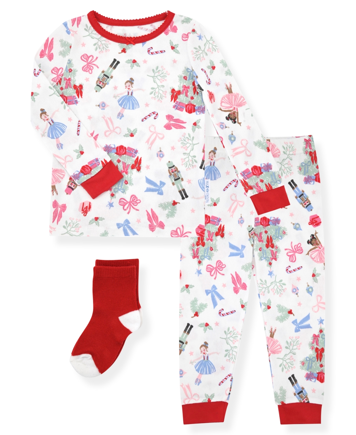 Max & Olivia 12m-5t Girls 3-piece Snug Fit Holiday Long Sleeve T-shirt, Pants And Socks Pajama Set In Multi