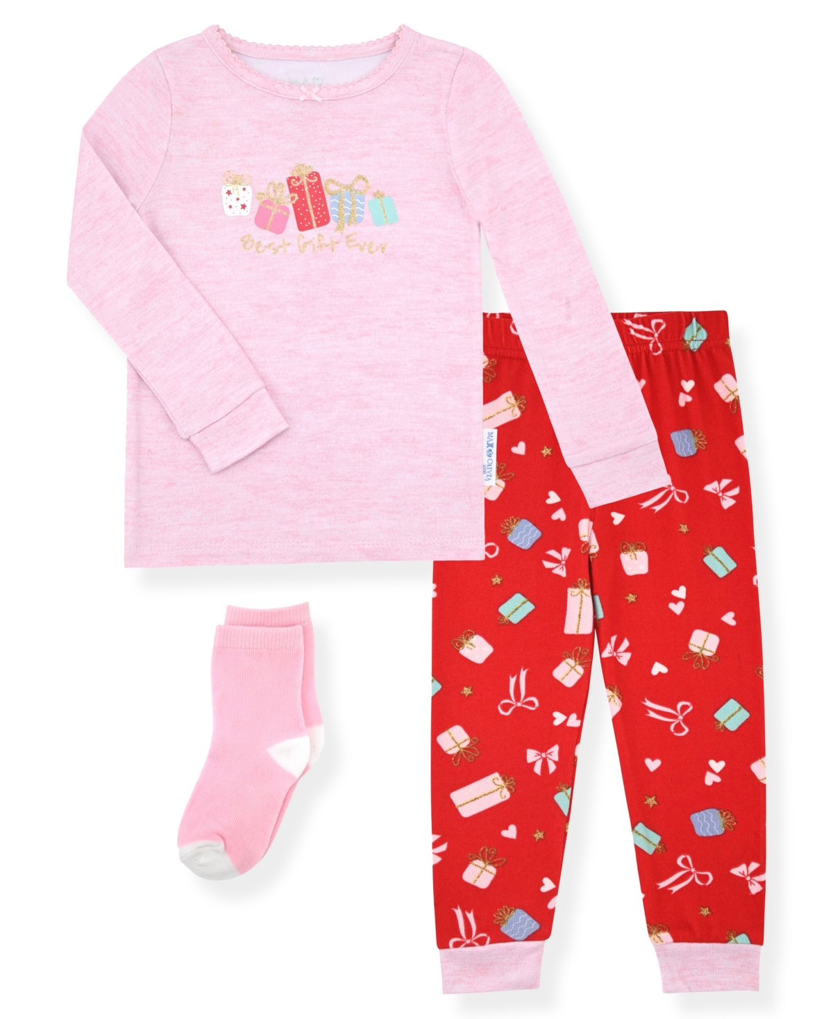 Max & Olivia 12m-5t Girls 3-piece Snug Fit Holiday Long Sleeve T-shirt, Pants And Socks Pajama Set In Pink