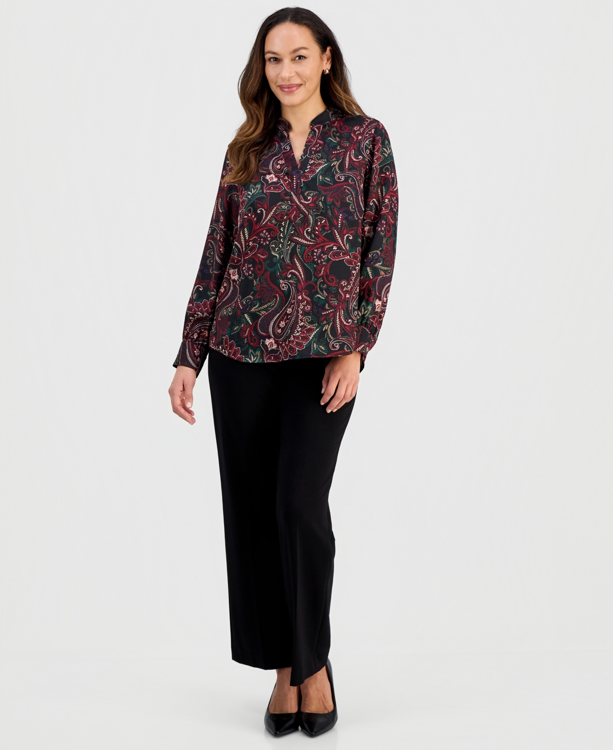 Jones New York Petite Printed Long-Sleeve Blouse